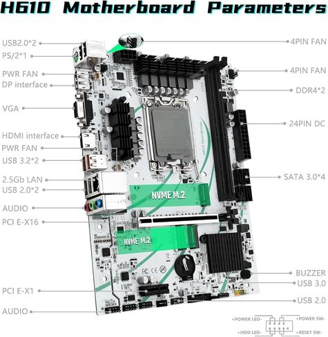 اللوحة الأم H610 LGA 1700 (μATX، 2*فتحات DDR4، SATA 3.0، USB 3.1، NVME M.2، 2.5 جيجا بايت LAN، PCIe 5.0) لمعالجات Intel Core i3 i5 i7 i9/Pentium/Xeon من الجيل الثاني عشر in Kuwait