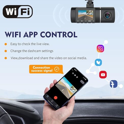 Dash Cam Abask، كاميرا Dash Cam أمامية وداخلية مع بطاقة SD 32G، كاميرا داش 1080P+1080P للسيارات، زاوية واسعة 310 درجة، رؤية ليلية WDR G-Sensor وقوف السيارات حلقة تسجيل كاشف الحركة in Kuwait