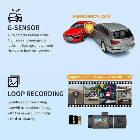Dash Cam Abask، كاميرا Dash Cam أمامية وداخلية مع بطاقة SD 32G، كاميرا داش 1080P+1080P للسيارات، زاوية واسعة 310 درجة، رؤية ليلية WDR G-Sensor وقوف السيارات حلقة تسجيل كاشف الحركة in Kuwait