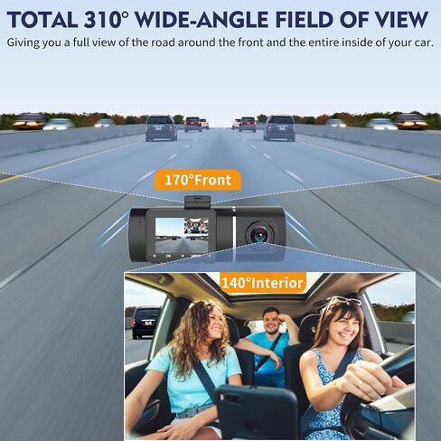 Dash Cam Abask، كاميرا Dash Cam أمامية وداخلية مع بطاقة SD 32G، كاميرا داش 1080P+1080P للسيارات، زاوية واسعة 310 درجة، رؤية ليلية WDR G-Sensor وقوف السيارات حلقة تسجيل كاشف الحركة in Kuwait