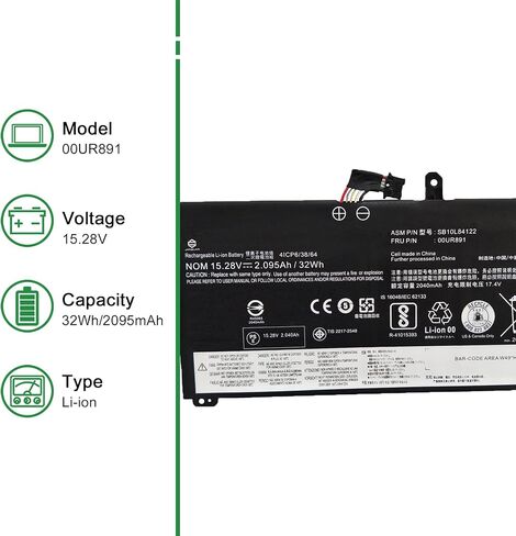 00UR891 SB10L84122 Laptop Battery Replacement for Lenovo ThinkPad T570 T580 P51s P52s Series Notebook 00UR892 SB10L84123 00UR890 01AV493 SB10L84121 15.28V 32Wh 2095mAh in Saudi Arabia