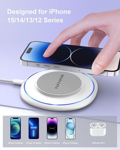 شاحن لاسلكي مغناطيسي لهاتف iPhone 15 - قاعدة شحن لاسلكية سريعة NANAMI، حصيرة شاحن آمنة لهاتف Apple iPhone 15 Pro/14/14 Pro /14 Plus/13/13 Pro/12، شاحن هاتف آمن Mag لـ AirPods 3/2/Pro in Kuwait
