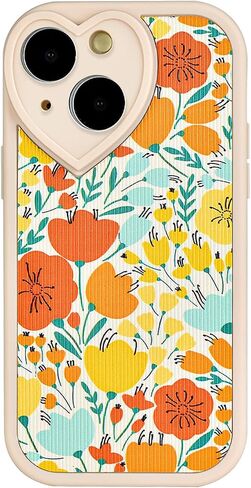 Compatible with iPhone 14 Floral Case [ Cute Heart Lens Frame ] [ Luxury Shockproof Protection ] iPhone 14 Creamy-White Case for Women Girls in Saudi Arabia