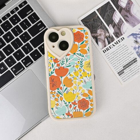 Compatible with iPhone 14 Floral Case [ Cute Heart Lens Frame ] [ Luxury Shockproof Protection ] iPhone 14 Creamy-White Case for Women Girls in Saudi Arabia