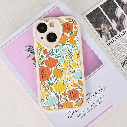 Compatible with iPhone 14 Floral Case [ Cute Heart Lens Frame ] [ Luxury Shockproof Protection ] iPhone 14 Creamy-White Case for Women Girls in Saudi Arabia