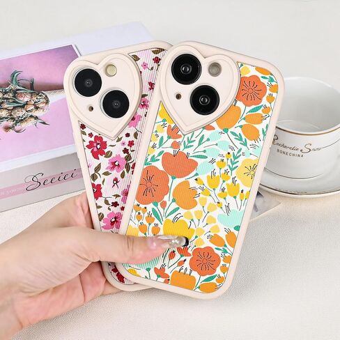 Compatible with iPhone 14 Floral Case [ Cute Heart Lens Frame ] [ Luxury Shockproof Protection ] iPhone 14 Creamy-White Case for Women Girls in Saudi Arabia
