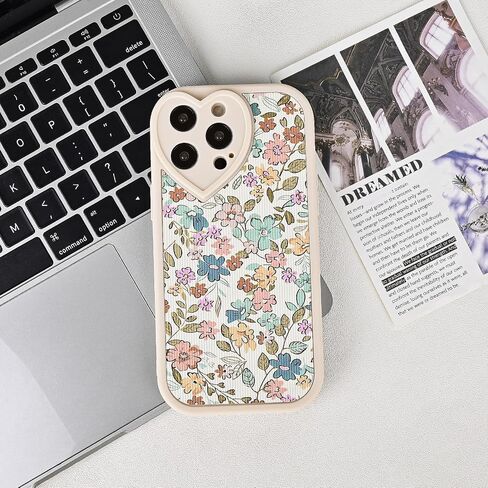 متوافق مع حافظة iPhone 14 Wild Floral [إطار عدسة على شكل قلب لطيف] [حماية فاخرة ضد الصدمات] حافظة iPhone 14 باللون الأبيض الكريمي للنساء والفتيات in Kuwait