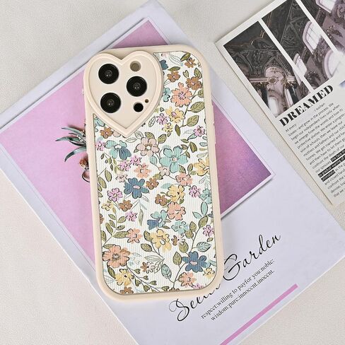 متوافق مع حافظة iPhone 14 Wild Floral [إطار عدسة على شكل قلب لطيف] [حماية فاخرة ضد الصدمات] حافظة iPhone 14 باللون الأبيض الكريمي للنساء والفتيات in Kuwait