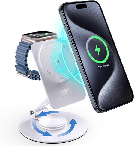 Aukvite for Magsafe Charger Stand 2 in 1, 360° Rotatable Mag Safe Charging Stand for iPhone 15 pro 14 13 12, Magnetic Wireless Charging Station for Apple Watch Ultra/9/8/7/6/SE for Airpods 3/2/Pro in Saudi Arabia