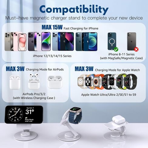 Aukvite for Magsafe Charger Stand 2 in 1, 360° Rotatable Mag Safe Charging Stand for iPhone 15 pro 14 13 12, Magnetic Wireless Charging Station for Apple Watch Ultra/9/8/7/6/SE for Airpods 3/2/Pro in Saudi Arabia