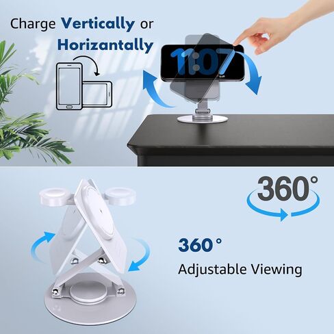 Aukvite for Magsafe Charger Stand 2 in 1, 360° Rotatable Mag Safe Charging Stand for iPhone 15 pro 14 13 12, Magnetic Wireless Charging Station for Apple Watch Ultra/9/8/7/6/SE for Airpods 3/2/Pro in Saudi Arabia