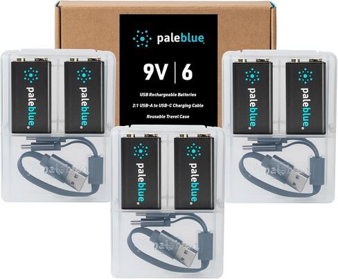 Rechargeable 9V Smart Batteries with USB Charger by Pale Blue, Lithium Ion 9 Volt 500 mAh, Charges Under 3 Hours, Over 1000 Cycles, 2-in-1 USB to USB-C Charging Cable, LED Charge Indicator, 2-Pack in Saudi Arabia