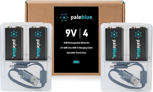 بطاريات ذكية 9 فولت قابلة لإعادة الشحن مع شاحن USB من Pale Blue، ليثيوم أيون 9 فولت 500 مللي أمبير، يتم شحنها في أقل من 3 ساعات، أكثر من 1000 دورة، كابل شحن 2 في 1 USB إلى USB-C، مؤشر شحن LED، عبوتان in Saudi Arabia