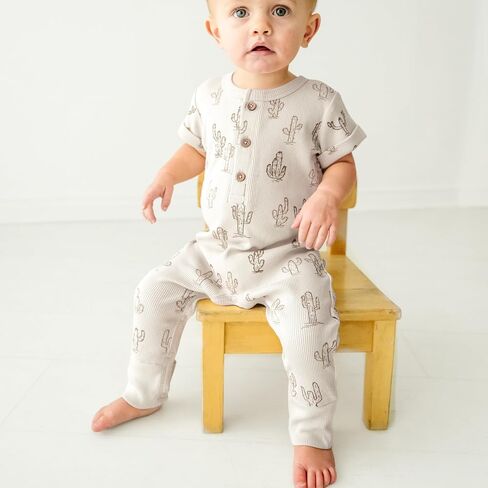 MakeMake Organics GOTS Certified Organic Cotton Infant Baby Cozy Comfort Organic Baby Short Sleeve Button Romper in Saudi Arabia