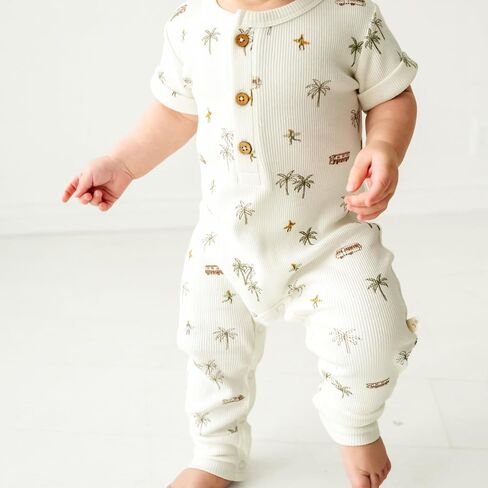 MakeMake Organics GOTS Certified Organic Cotton Infant Baby Cozy Comfort Organic Baby Short Sleeve Button Romper in Saudi Arabia
