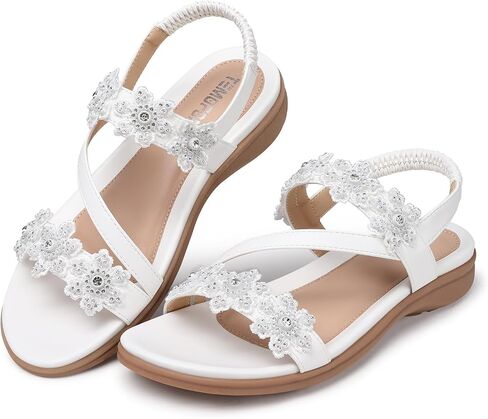 TEMOFON Sandals for Women Flat Dressy: Summer Flower Sandals with Ankle Strap Comfortable Casual Walking Flat Sandals Size 5-11 in Kuwait
