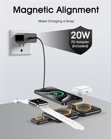 3 in 1 Charging Station for Apple Multiple Devices - Foldable Magnetic Travel Charging Station for iPhone 15 14 13 12 Series,Wireless Mag-Safe Charger Pad for Apple Watch,for Airpods Pro,White in Saudi Arabia