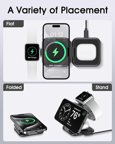 3 in 1 Charging Station for Apple Multiple Devices - Foldable Magnetic Travel Charging Station for iPhone 15 14 13 12 Series,Wireless Mag-Safe Charger Pad for Apple Watch,for Airpods Pro,White in Saudi Arabia