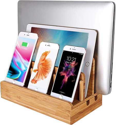 Bamboo Wood Multi-Device Desktop Dock Station Charger Holder Charging Cradle Charge Stand Compatible for iPhone 13 12 11 Pro Max XS XR X 8 7 Plus iPad 3 4 Mini Pro Air Samsung Huawei Sony Smartphones in Saudi Arabia