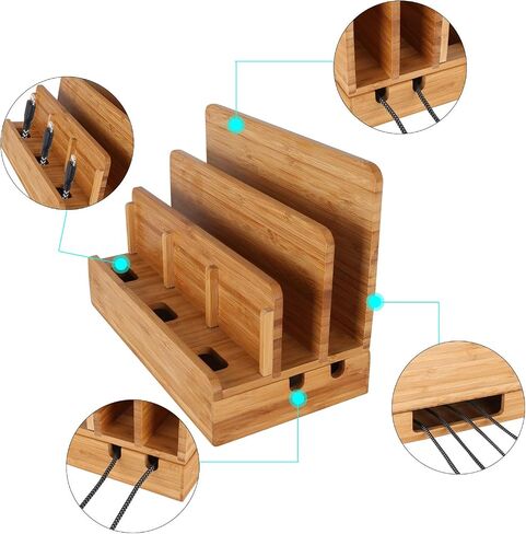 Bamboo Wood Multi-Device Desktop Dock Station Charger Holder Charging Cradle Charge Stand Compatible for iPhone 13 12 11 Pro Max XS XR X 8 7 Plus iPad 3 4 Mini Pro Air Samsung Huawei Sony Smartphones in Saudi Arabia
