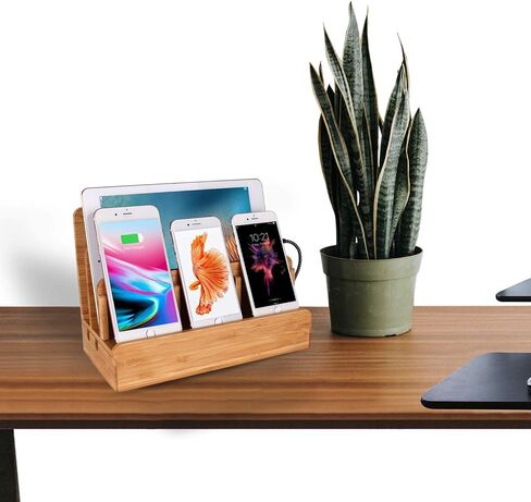 Bamboo Wood Multi-Device Desktop Dock Station Charger Holder Charging Cradle Charge Stand Compatible for iPhone 13 12 11 Pro Max XS XR X 8 7 Plus iPad 3 4 Mini Pro Air Samsung Huawei Sony Smartphones in Saudi Arabia