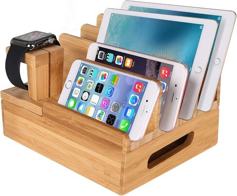 Bamboo Wood Multi-Device Desktop Dock Station Charger Holder Charging Cradle Charge Stand Compatible for iPhone 13 12 11 Pro Max XS XR X 8 7 Plus iPad 3 4 Mini Pro Air Samsung Huawei Sony Smartphones in Saudi Arabia