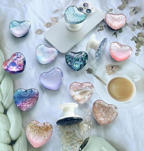 حامل زجاجي على شكل قلب للهاتف الخلوي للهواتف الذكية والأجهزة اللوحية، حامل قابل للطي للهاتف المحمول (رخام ذهبي وردي) in Kuwait