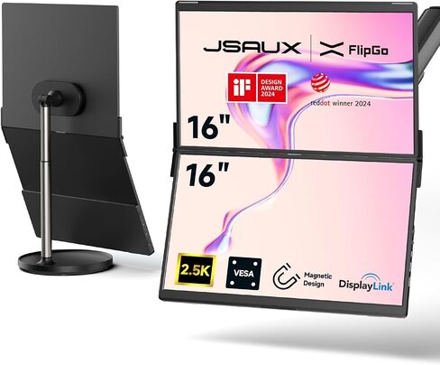 JSAUX FlipGo 16 بوصة Pro 2.5K شاشة محمولة مزدوجة الشاشة، موسع شاشة كمبيوتر محمول ثلاثي | DisplayLink | HiDPI | كابل واحد لشاشة IPS مزدوجة | محور مدمج | تصميم مغناطيسي لأنظمة التشغيل Windows وLinux وMacOS in Kuwait