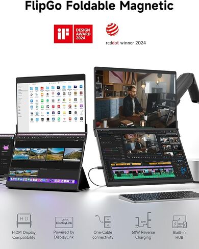 JSAUX FlipGo 16 بوصة Pro 2.5K شاشة محمولة مزدوجة الشاشة، موسع شاشة كمبيوتر محمول ثلاثي | DisplayLink | HiDPI | كابل واحد لشاشة IPS مزدوجة | محور مدمج | تصميم مغناطيسي لأنظمة التشغيل Windows وLinux وMacOS in Kuwait