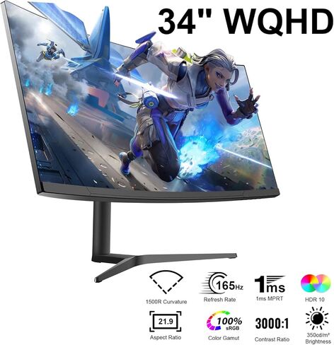 شاشة ألعاب منحنية 34 بوصة WQHD 3440×1440 165 هرتز، 1 مللي ثانية، 1500R، HDR 10، شاشة كمبيوتر 100% sRGB، متوافقة مع AMD Free-Sync Premium/G-Sync، 2 x DispalyPort 1.4 & HDMI 2.0، حامل قابل للتعديل للارتفاع/الإمالة، أسود in Kuwait
