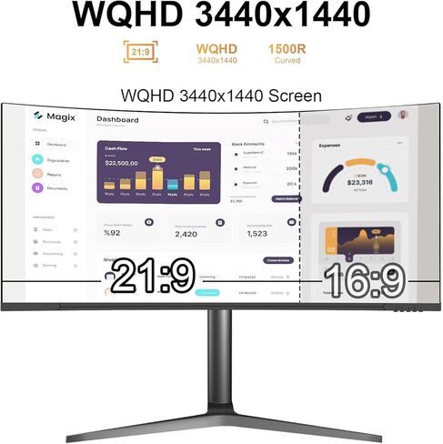 شاشة ألعاب منحنية 34 بوصة WQHD 3440×1440 165 هرتز، 1 مللي ثانية، 1500R، HDR 10، شاشة كمبيوتر 100% sRGB، متوافقة مع AMD Free-Sync Premium/G-Sync، 2 x DispalyPort 1.4 & HDMI 2.0، حامل قابل للتعديل للارتفاع/الإمالة، أسود in Kuwait