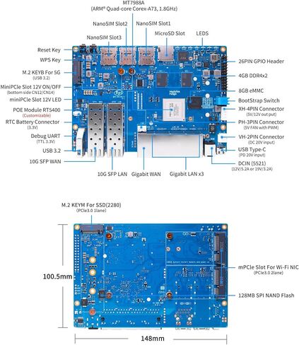 Banana Pi BPI-R4 WiFi 7 Router Development Board, with MediaTek MT7988A Chip, 4GB RAM and 8G eMMC onboard, 2X 10Gbe SFP Slot,4X Gbe Network Port (BPI R4 Basic Kit) in Saudi Arabia