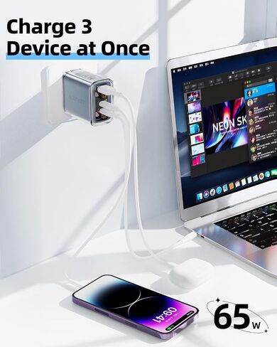 ACEFAST PD65W USB C Charger 3-Port Fast Charger Set for USB C Laptops, Cell Phones and Tablets, Foldable AC Plug Power Adapter Compatible with MacBook, iPhone 14/Pro, iPad Pro, Steam Deck (Grey) in Saudi Arabia