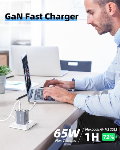 ACEFAST PD65W USB C Charger 3-Port Fast Charger Set for USB C Laptops, Cell Phones and Tablets, Foldable AC Plug Power Adapter Compatible with MacBook, iPhone 14/Pro, iPad Pro, Steam Deck (Grey) in Saudi Arabia