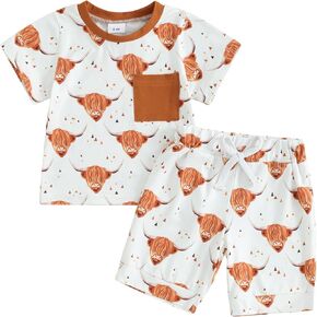 BULINGNA 2Pcs Infant Baby Boy Summer Western Clothes Short Sleeve T-shirt Top + Shorts Cow Print Cowboy Outfits Set