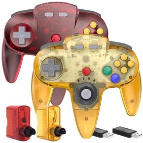 2 Pack 2.4 GHz Wireless N64 Switch Online Controller, USB & N64 Receiver, Compatible with Windows PC iOS Mac Raspberry Pi, N64 / Switch Online/NSO - (Rechargeable) (Plug and Play) (Clear Red/Yellow)