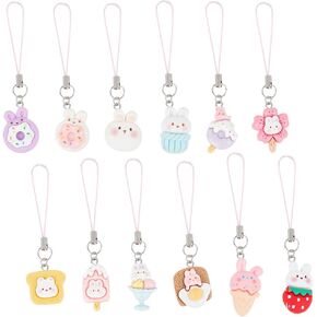 12 Pcs 12 Styles Phone Strap Charms, Cute Resin Phone Charm Pendants Bunny Phone Charms String for Cell Phone Keychain Bag Phone Case Accessories
