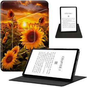 حافظة لجهاز Amazon 6.8 بوصة Kindle Paperwhite (إصدار الجيل الحادي عشر 2021) غطاء من جلد البولي يوريثان بحامل دوار 360 درجة مع خاصية النوم التلقائي، غروب الشمس عباد الشمس