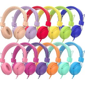 12-Pack Wired Headphones for Kids, Bulk Pack for Kindergarten Elementary School, Colorful Classroom Headsets with Microphone, 85dB Volume Limited, 3.5mm Jack, Sharing, Foldable