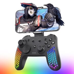 Nitho Hexagon Controller Wireless for PC, Switch, Android and iOS, Hexagonal Lightweight Design Gamepad, 6-Axis Motion Sensors, RGB LED Effects, Vibration, Enhancers Kit, Detachable Mobile Clamp