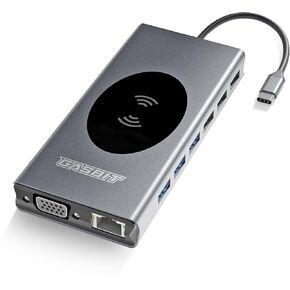 Docking Station USB-C Dual Monitor 15 in 1 for MacBook Pro/Air/Dell/Lenovo/HP. with Wireless Phone Charger. Dongle to 4K HDMI. VGA, SD/Micro SD Card Reader. Ethernet. 1 USB-C-PD. Audio Jack.
