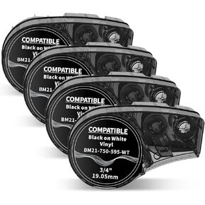 Airmall Compatible Label Tape Compatible with M210 Bmp21-plus Label Maker Cartridge Replacement for M21-750-595-WT 3/4 Inch Tape All-Weather Vinyl Black on White Tape 0.75 Inch x 21ft, 4-Pack