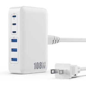 USB C Charger 108W USB C Charger Block,Upgraded GaN III 6-Port Fast USB Charging Station Hub,3xQC+3xPD3.0 Phone Charger Adapter Compatible with iPhone 15/14/13/12/X,Android Samsung,iPad Tablets-White