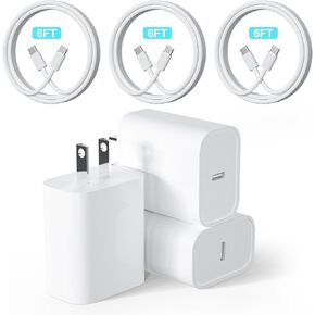 3 Pack 25W PD Charger USB C Wall Fast Charger Adapter with 3 Pack 6FT Type C to Cable Compatible with Phone 15/15 Plus/15 Pro/15 Pro Max Pad Pro/Air/Mini Android Series