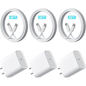 3 Pack 25W PD Charger USB C Wall Fast Charger Adapter with 3 Pack 6FT Type C to Cable Compatible with Phone 15/15 Plus/15 Pro/15 Pro Max Pad Pro/Air/Mini Android Series
