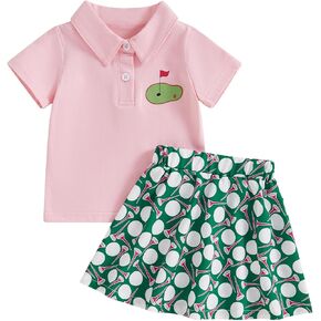 Toddler Girl Golf Outfit Short Sleeve Hole in One Polo Shirt and Golf Print Mini Skirt Set 6 12 18 24M 2 3 4T in Saudi Arabia