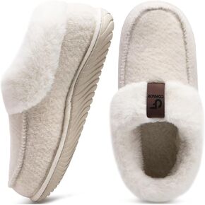 COFACE Women's Arch Support Memory Foam House Slippers Ladies Warm Fuzzy Faux Fur Collar Winter Moccasin Shoes with Orthotic Plantar Fasciitis Indoor Outdoor Beige Size 9