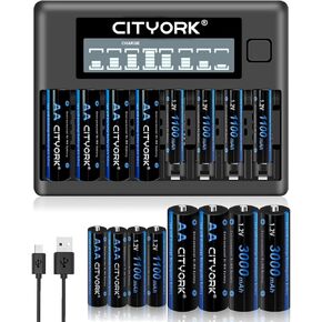 8 Pack AA 3000mAh + 8 Pack AAA1100mAh 1.2V Ni-MH Rechargeable Batteries with 8 Bay AA AAA LCD Smart 1.2v NiMH/NiCd Charger