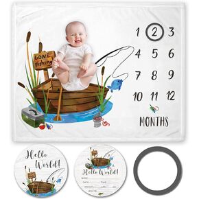 Fishing Baby Milestone Blanket with Birth Stat Sign, Gone Fishing Baby Growth Chart Monthly Blanket, Watch Me Grow Fishing Boat Baby Nursery for New Moms Baby Shower(50"x40")