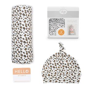 lulujo Birth Announcement Hat & Swaddle Blanket Set| Unisex Softest Bamboo Muslin Baby Swaddle Blanket| Receiving Blanket | 47in x 47in| Bamboo Knot Hat | Hello! Birth Announcement Sticker Blueberries